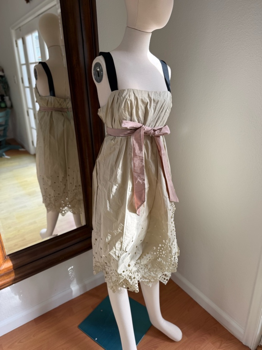 Cream Eyelet Midi Dress with Pink Waist Tie and Black Shoulder Straps - Picture 2 of 3